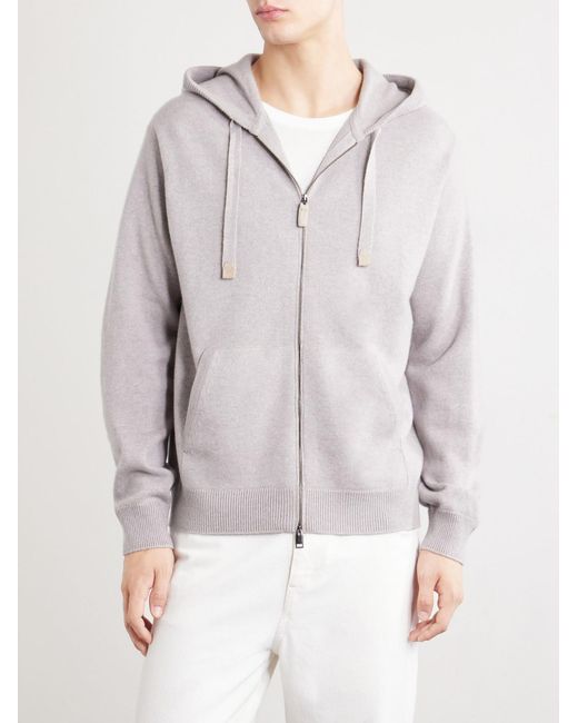 Brioni Gray Hooded Leather-trimmed Cashmere Zip-through Sweater for men