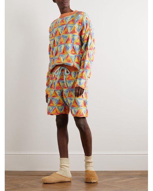 The Elder Statesman Orange Solar Straight-Leg Crocheted Cotton Drawstring Shorts for men