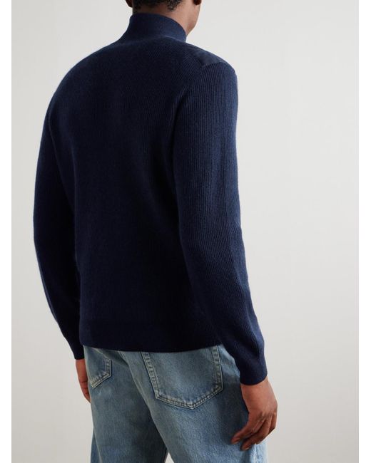 Brunello Cucinelli Cardigan aus Kaschmir in Rippstrick mit Reißverschluss und Baumwoll-Twill-Besatz in Blue für Herren