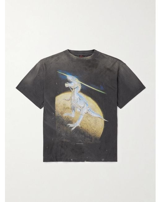 SAINT Mxxxxxx Gray Sorayama T-Rex Printed Distressed Cotton-Jersey T-Shirt for men