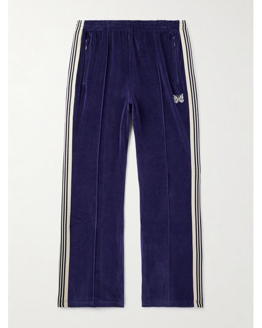 Needles Blue Flared Webbing-trimmed Logo-embroidered Cotton-blend Velour Track Pants for men