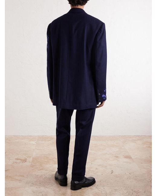 Dries Van Noten Blue Double-Breasted Embroidered Wool-Flannel Blazer for men