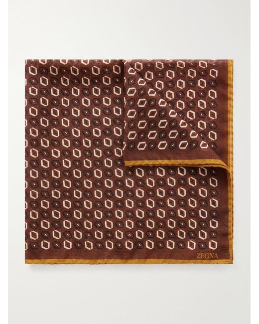 Zegna Brown Printed Wool Pocket Square for men