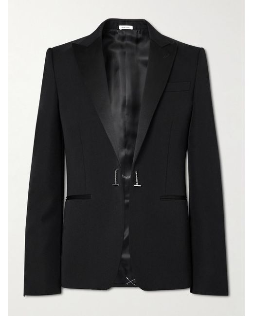 McQueen Black Slim-Fit Silk-Trimmed Grain De Poudre Wool Blazer for men