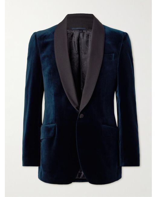 Favourbrook Blue Shawl-collar Twill-trimmed Cotton-velvet Tuxedo Jacket for men