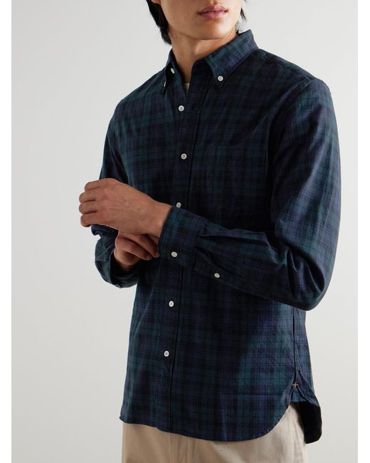 Button-Down Collar Checked Cotton Shirt di Beams Plus in Blue da Uomo