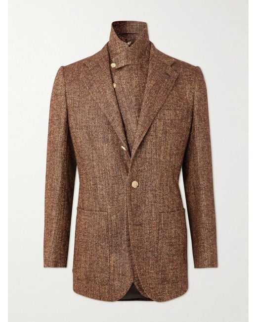 Umit Benan Brown Layered Herringbone Tweed Suit Jacket for men
