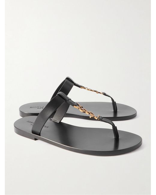 Saint Laurent Black Cassandre Logo-embellished Leather Sandals for men