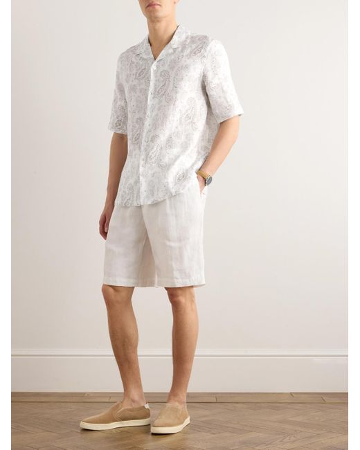 Brunello Cucinelli White Camp-collar Paisley-print Linen Shirt for men