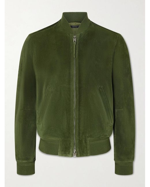 Tom Ford Green Perforated Suede Bomber Jacket for men