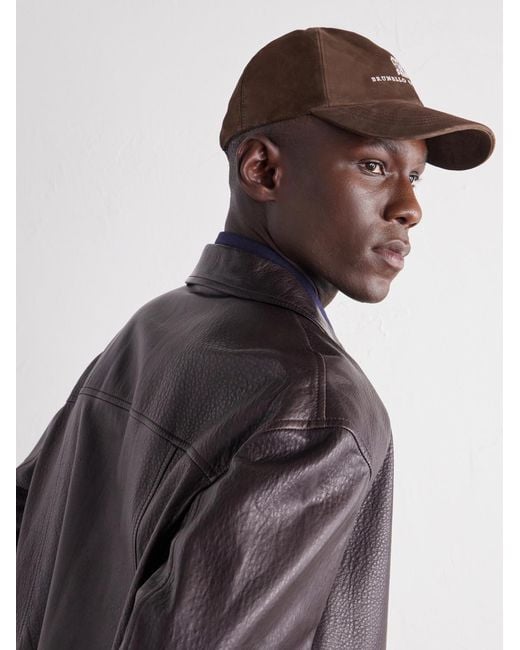Brunello Cucinelli Brown Logo-Embroidered Suede Cap for men