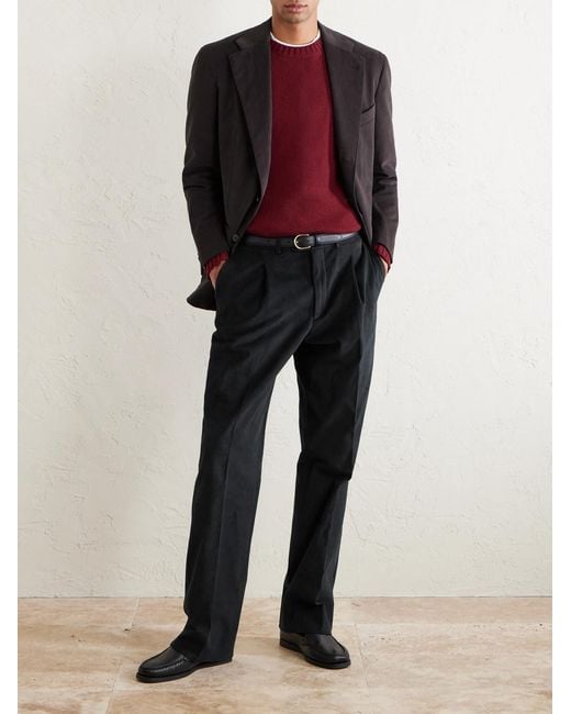 Saman Amel Black Straight-leg Pleated Peached Cotton-blend Trousers for men