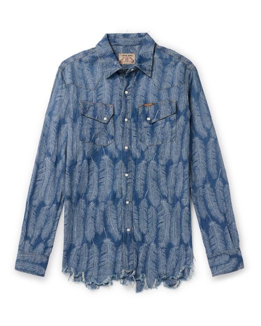 Kapital Blue Magpie Distressed Denim-jacquard Western Shirt for men