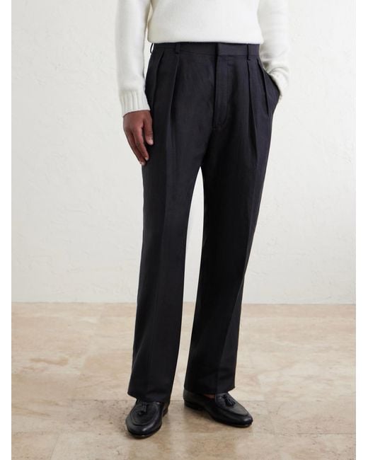 Ralph Lauren Blue Straight-Leg Pleated Silk And Linen-Blend Trousers for men