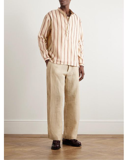 A Kind Of Guise Natural Pace Grandad-collar Striped Linen And Cotton-blend Shirt for men