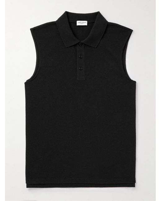 Saint Laurent Black Sleeveless Cotton-blend Piqué Polo Shirt for men