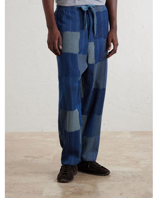 Kapital Blue Tugihagi Straight-Leg Patchwork Cotton Drawstring Trousers for men