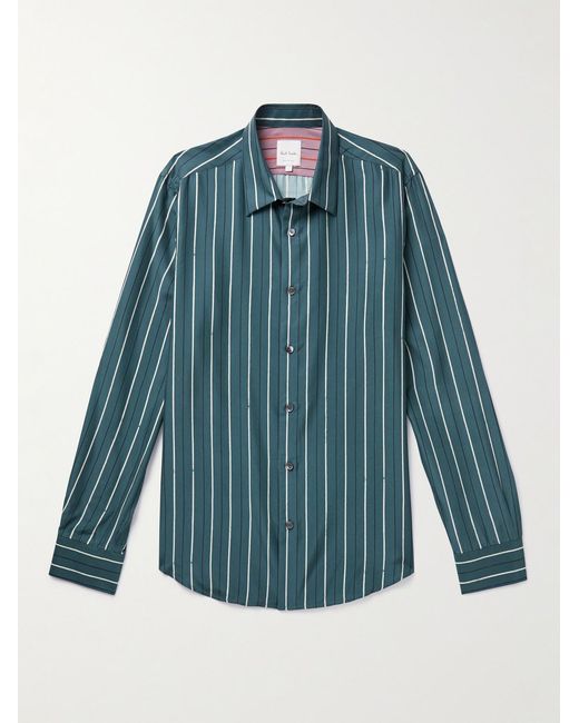 Paul Smith Blue Slim-Fit Striped Silk-Satin Shirt for men