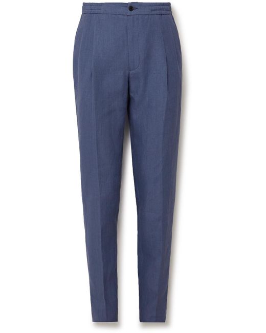 Rubinacci Blue Tapered Pleated Linen Trousers for men