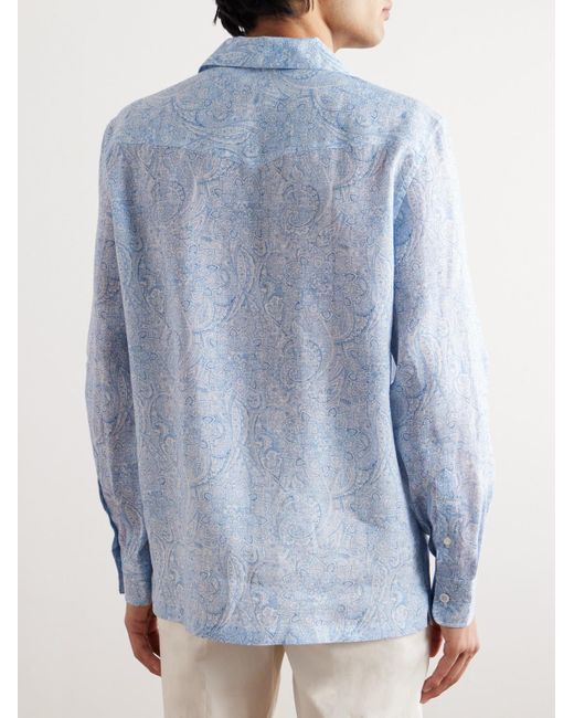 Brunello Cucinelli Blue Camp-collar Paisley-print Linen Shirt for men