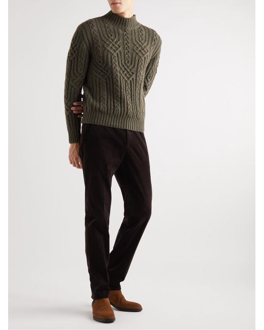 Loro Piana Green Ribbed Cable-Knit Cashmere Rollneck Sweater for men