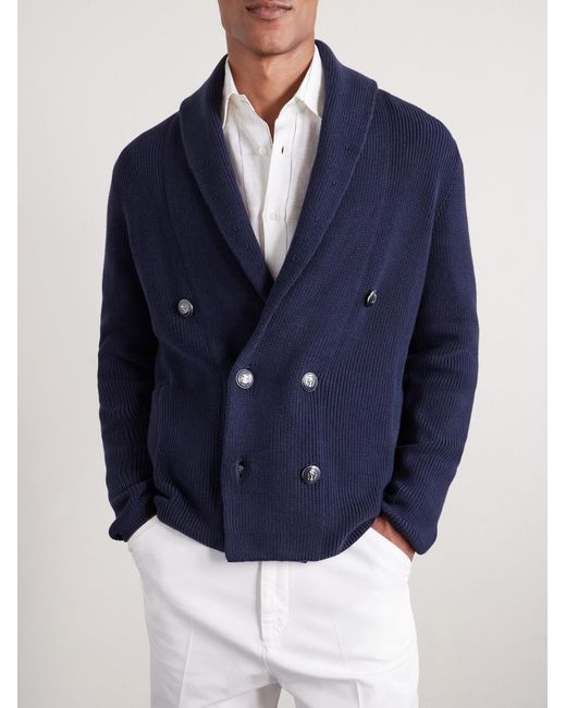 Brunello Cucinelli Blue Shawl-Collar Double-Breasted Ribbed Cotton Cardigan for men