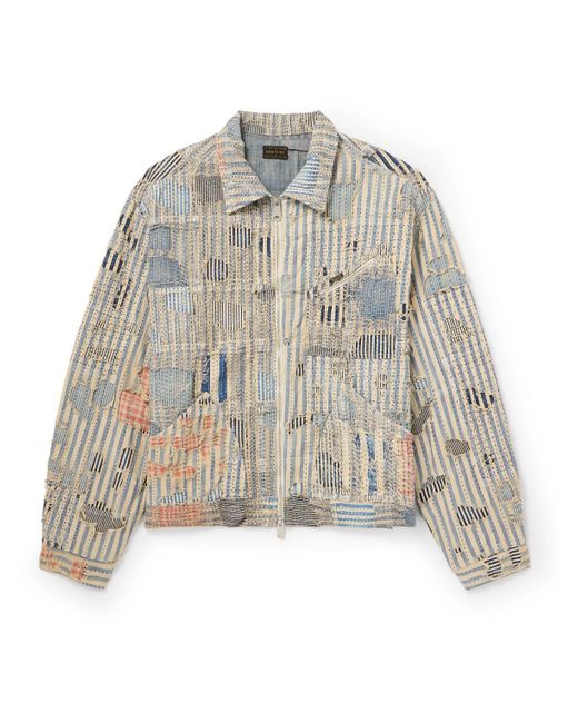 Kapital Blue Liberty Distressed Embroidered Striped Cotton-blend Blouson Jacket for men