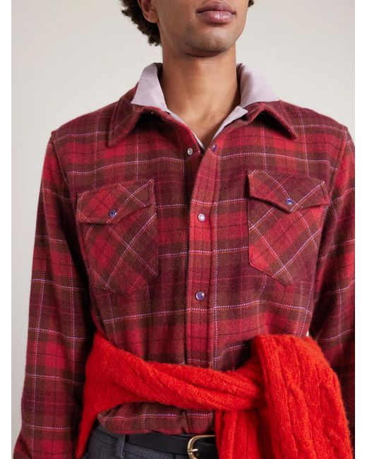 God's True Cashmere Red Love Checked Cashmere Shirt for men