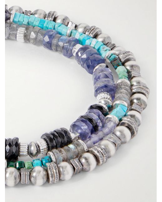 Peyote Bird Blue Set Of Three Sterling Silver Multi-stone Beaded Bracelets for men