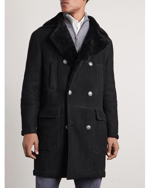 Brunello Cucinelli Black Double-Breasted Shearling Coat for men