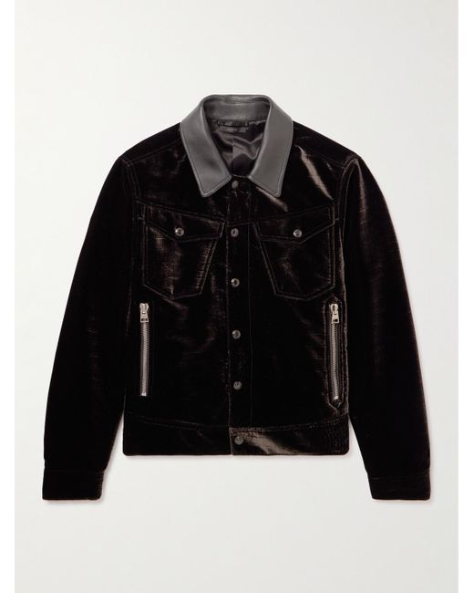 Tom Ford Black Leather-trimmed Croc-effect Velvet Jacket for men