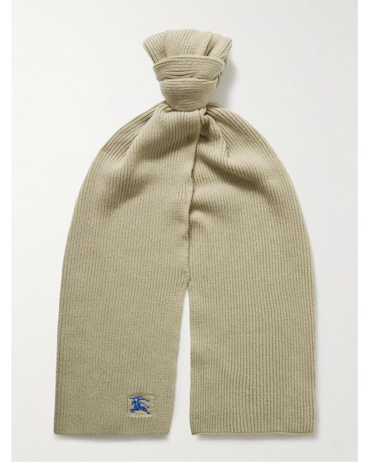 Burberry White Logo-embroidered Ribbed Cashmere Scarf for men