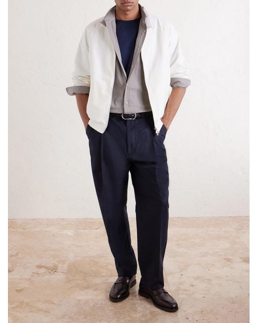 Brunello Cucinelli Blue Tapered Pleated Cotton And Linen-blend Trousers for men