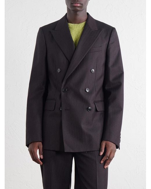 Dries Van Noten Black Double-Breasted Herringbone Wool Blazer for men