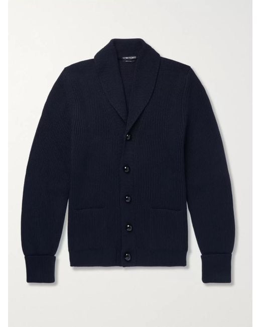 Tom Ford Blue Shawl-Collar Ribbed Wool Cardigan for men