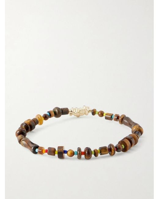 Luis Morais Metallic 14-Karat Tiger Eye Beaded Bracelet for men