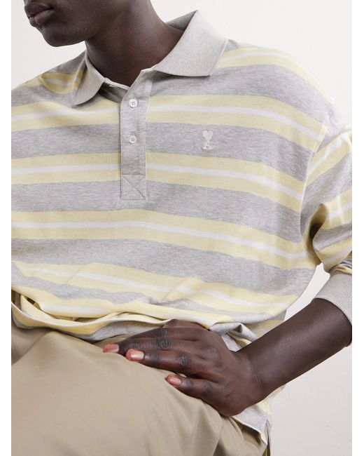 AMI Natural Striped Cotton-Jersey Polo Shirt for men