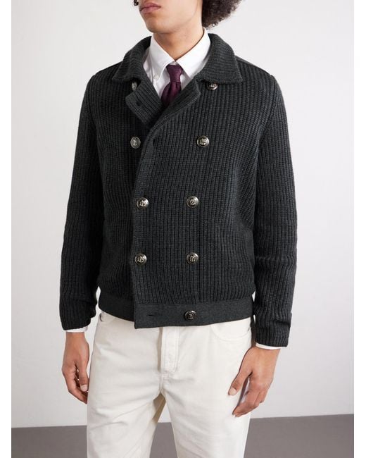 Brunello Cucinelli Black Double-Breasted Ribbed Cashmere Cardigan for men