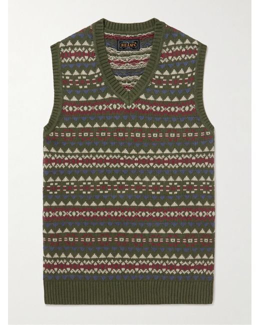 Beams Plus Green Fair Isle Linen And Cotton-blend Sweater Vest for men