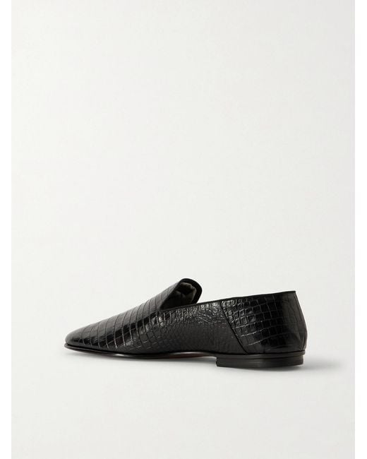 Tom Ford Black Steven Grosgrain-Trimmed Croc-Effect Leather Loafers for men