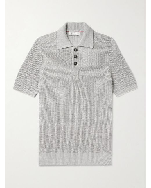 Brunello Cucinelli Gray Ribbed Cotton And Linen-blend Polo Shirt for men