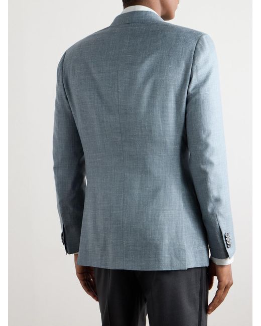 Brioni Blue Double-Breasted Silk, Cashmere And Linen-Blend Suit Jacket for men