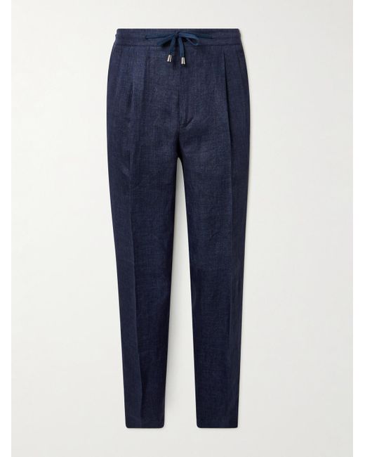 De Petrillo Blue Straight-Leg Pleated Linen Drawstring Trousers for men