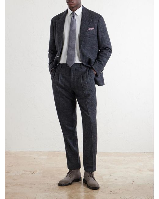 Brunello Cucinelli Gray Lesire Straight-Leg Pleated Checked Silk, Wool And Cashmere-Blend Suit Trousers for men