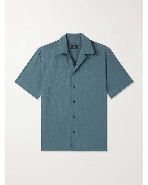 Brioni Blue Convertible-collar Cotton-seersucker Shirt for men