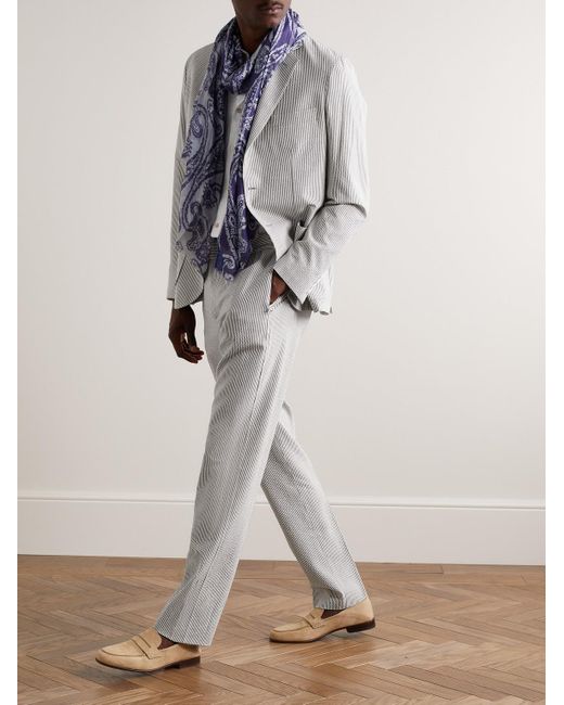 Loro Piana Gray Slim-Fit Straight-Leg Striped Wool-Blend Seersucker Trousers for men