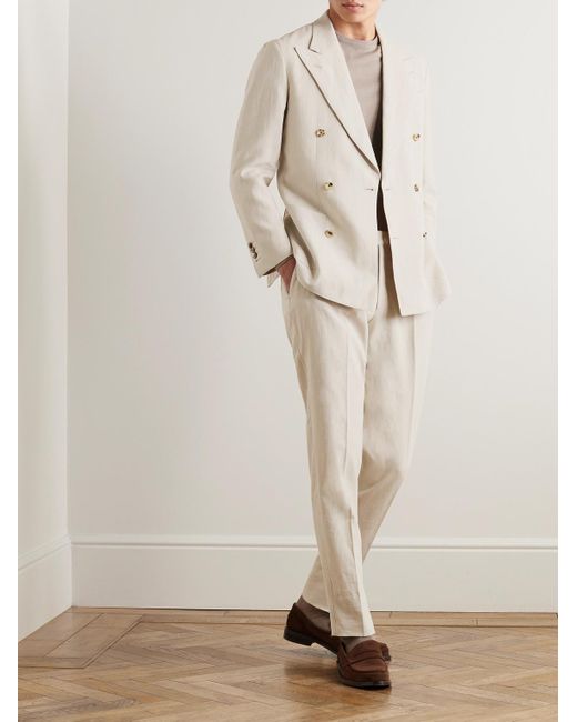 Thom Sweeney Natural Slim-fit Unstructured Double-breasted Linen Suit Jacket for men