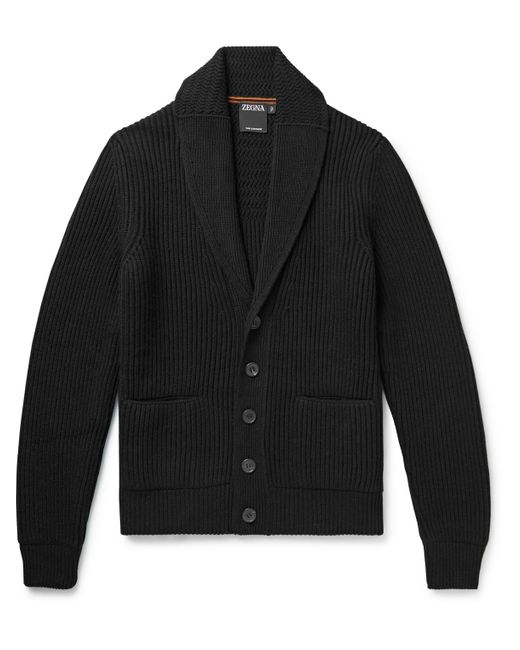 Ermenegildo Zegna Shawlfcollar Leathertrimmed Ribbed Cashmere