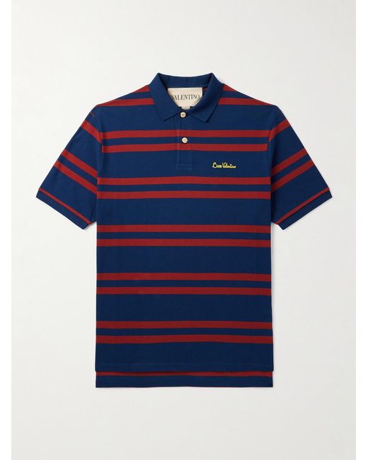 Valentino Garavani Blue Chez Logo-embroidered Striped Cotton-piqué Polo Shirt for men