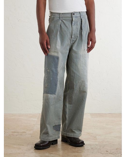 Kapital Blue Liberty Hicoree Fatigue Wide-Leg Striped Distressed Patchwork Cotton-Twill Trousers for men